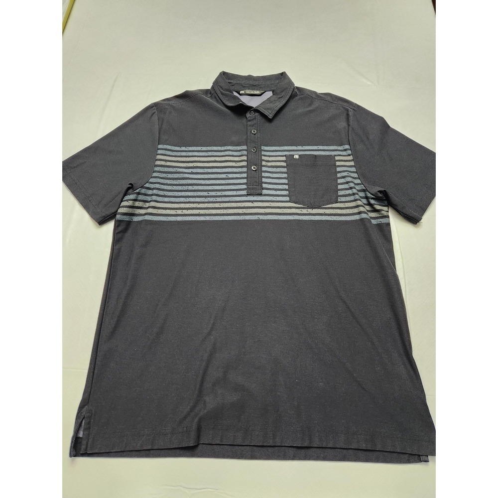 Travis Mathew Polo Shirt Mens Large Gray Striped Pocket Golf Pima Cotton Stretch